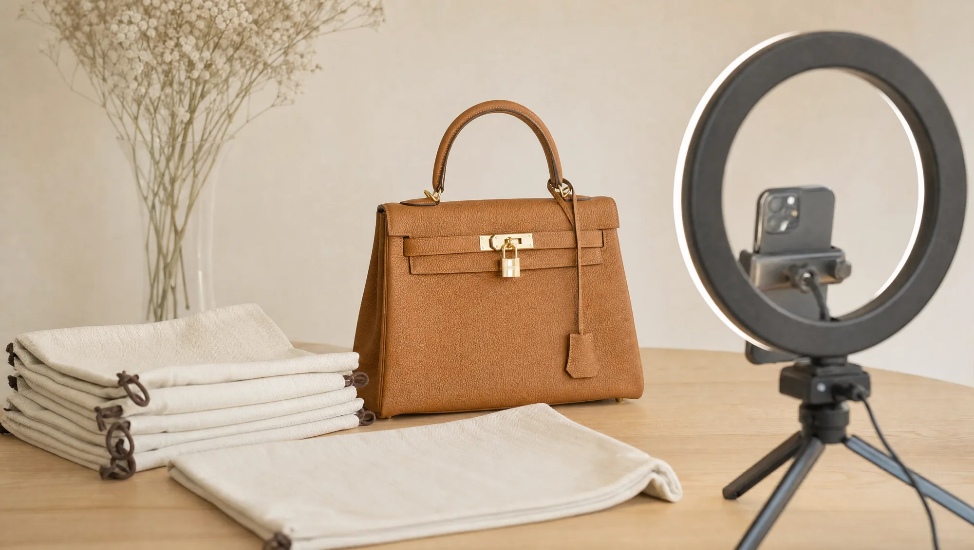 A tan leather top-handle bag set up in front of a phone on a ring-light tripod, ready for a live show